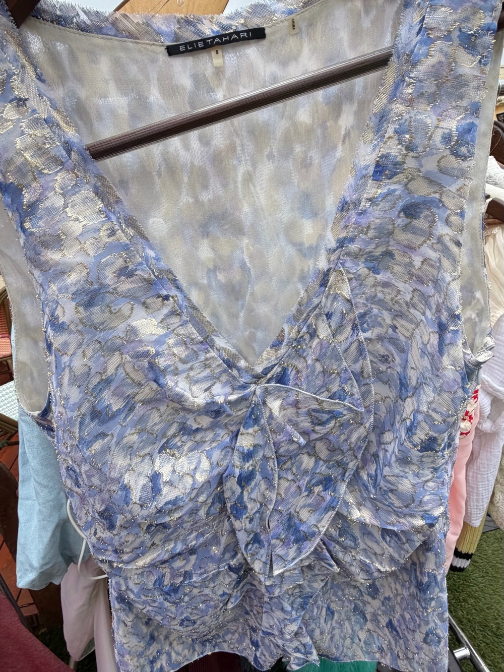 Elie Tahari Silk Blue Metallic-Accented Ruffle V-Neck sleeveless blouse